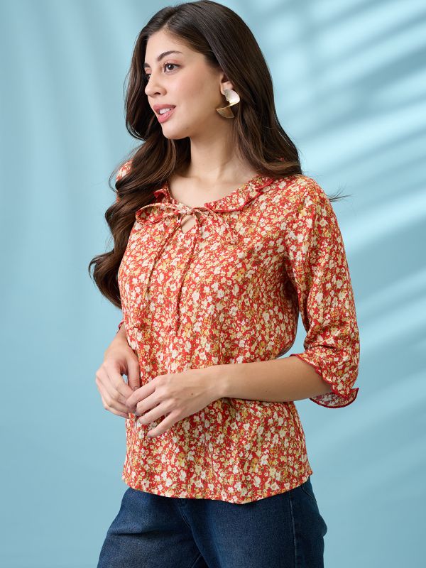 Globus Women Red Tie-Up Neck Floral Print Frill Detail Top