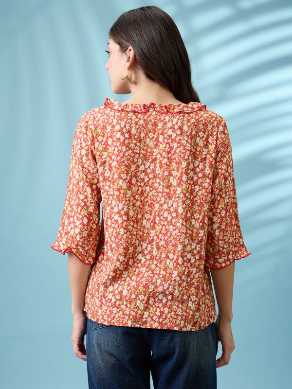 Globus Women Red Tie-Up Neck Floral Print Frill Detail Top