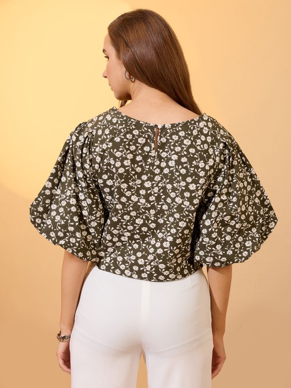 Globus Women Green Round Neck Puff Sleeves Floral Print Top