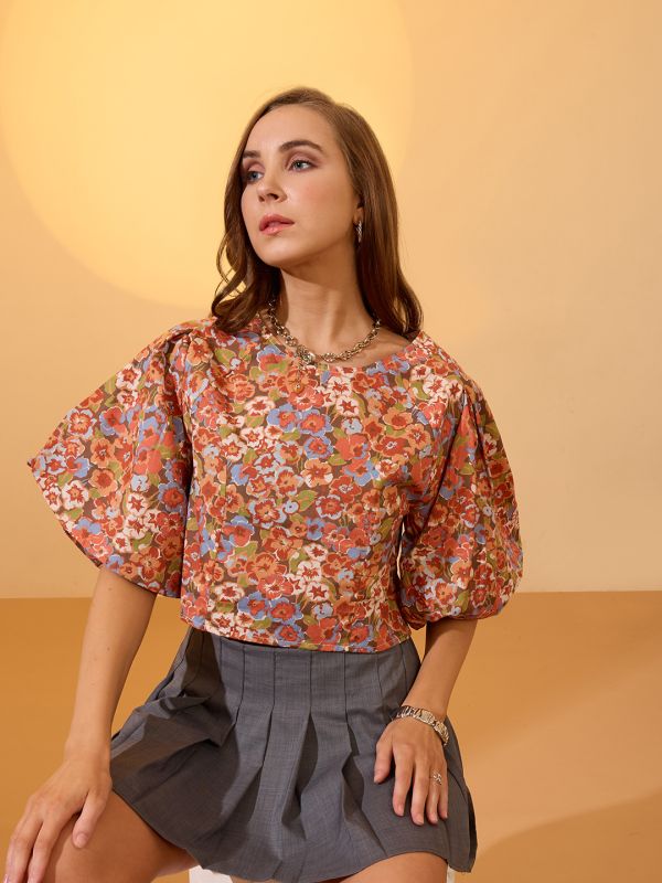 Globus Women Multi Round Neck Puff Sleeves Floral Print Top