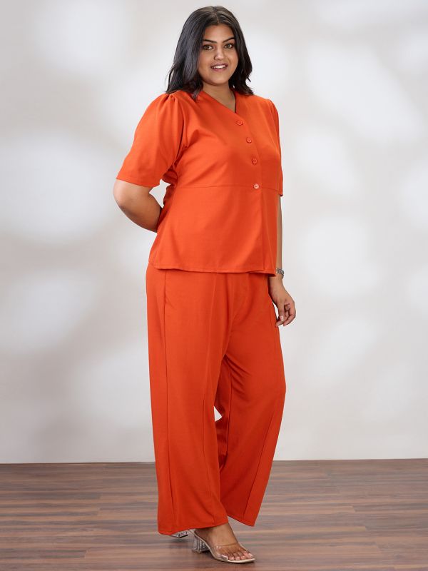 Globus Gloplus Women Rust V-Neck Puff Sleeves Solid Plus Size Top & Trousers Workwear Co-Ord Set
