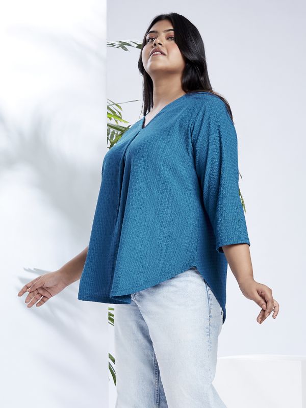 Globus Gloplus Women Blue V-Neck Self Design Curved Hem Plus Size Workwear Top