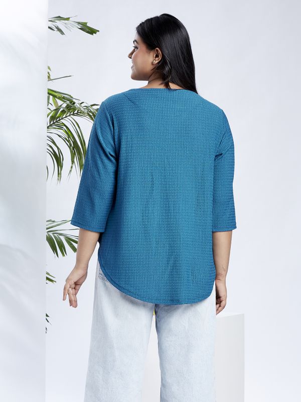 Globus Gloplus Women Blue V-Neck Self Design Curved Hem Plus Size Workwear Top