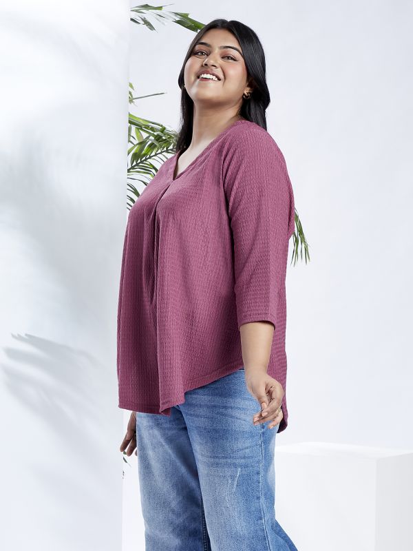 Globus Gloplus Women Maroon V-Neck Self Design Curved Hem Plus Size Workwear Top