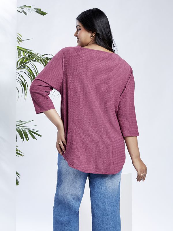 Globus Gloplus Women Maroon V-Neck Self Design Curved Hem Plus Size Workwear Top