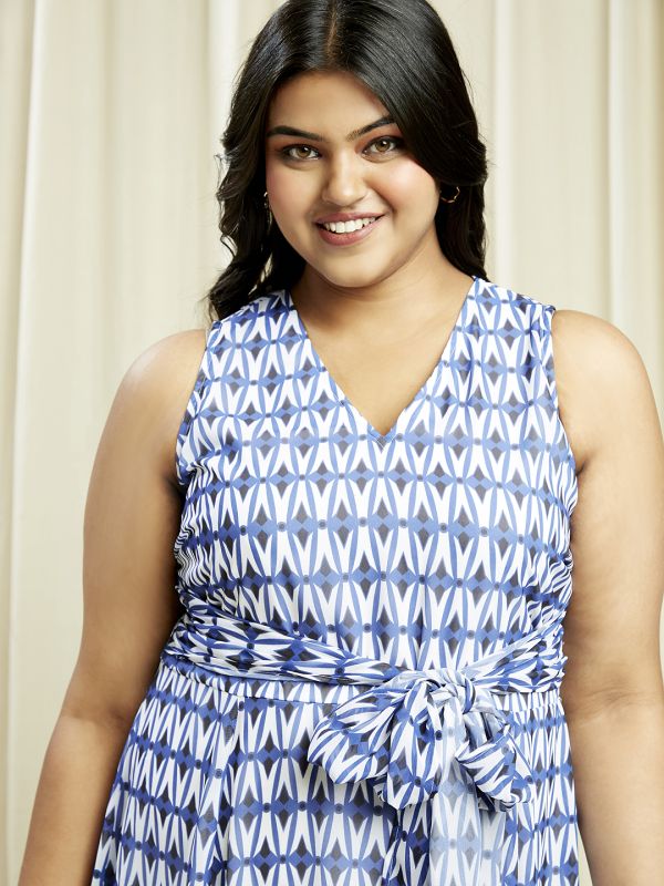 Globus Gloplus Women Blue V-Neck Abstract Print Waist Tie-Up Plus Size Fit & Flare Midi Dress