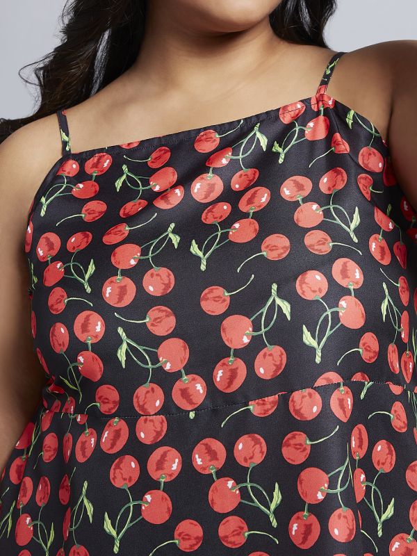Globus Gloplus Women Red Cherry Print Square Neck Strappy Sleeves A-Line Mini Plus Size Dress