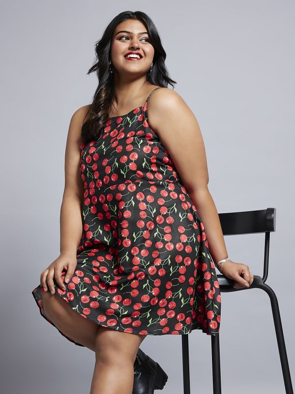 Globus Gloplus Women Red Cherry Print Square Neck Strappy Sleeves A-Line Mini Plus Size Dress