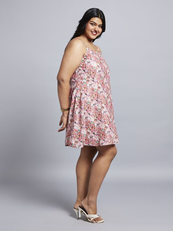 Globus Gloplus Women Peach Floral Print Square Neck Strappy Sleeves A-Line Mini Plus Size Dress