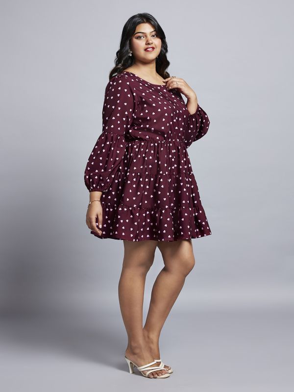 Globus Gloplus Women Maroon Round Neck Bishop Sleeves Fit & Flare Tiered Mini Plus Size Workwear Dress
