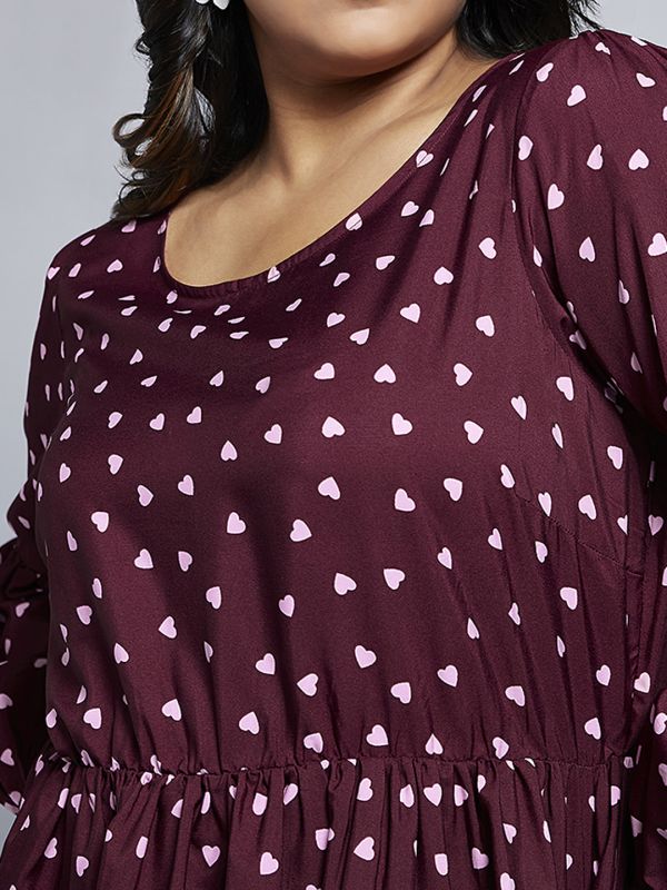Globus Gloplus Women Maroon Round Neck Bishop Sleeves Fit & Flare Tiered Mini Plus Size Workwear Dress