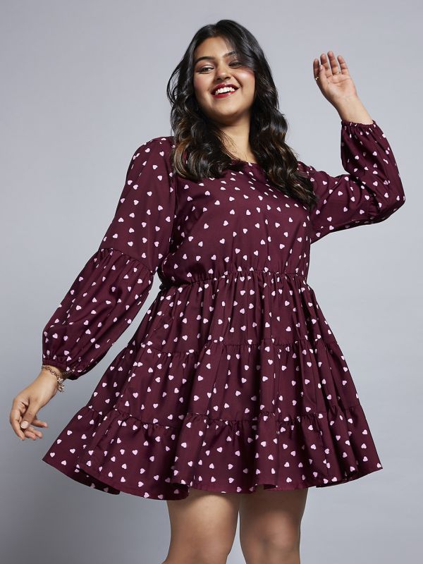 Globus Gloplus Women Maroon Round Neck Bishop Sleeves Fit & Flare Tiered Mini Plus Size Workwear Dress