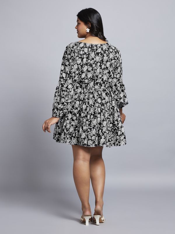 Globus Gloplus Women Maroon Floral Printed Bishop Sleeves Fit & Flare Tiered Mini Plus Size Workwear Dress