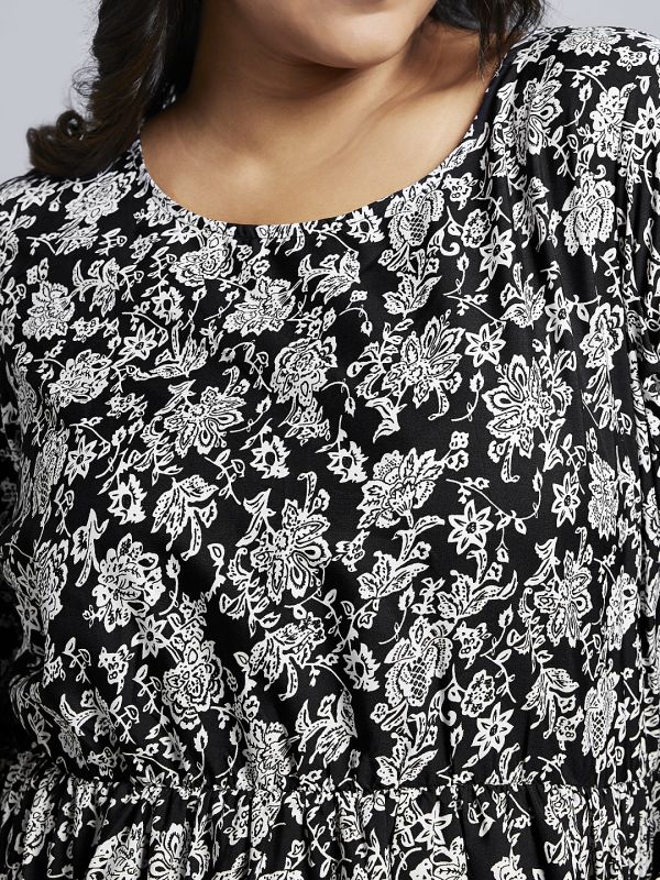 Globus Gloplus Women Maroon Floral Printed Bishop Sleeves Fit & Flare Tiered Mini Plus Size Workwear Dress