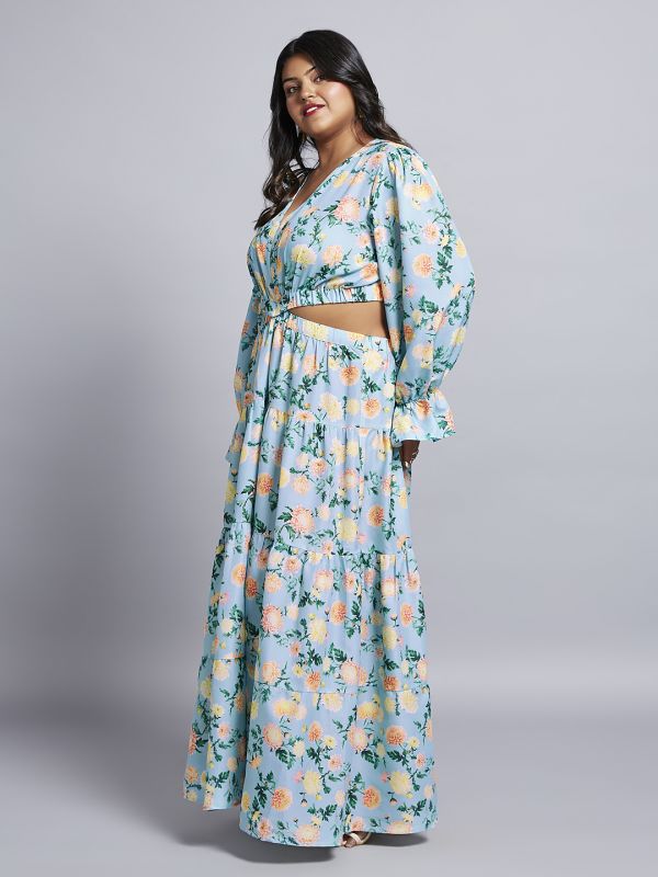 Globus Gloplus Women Blue Floral Print V-Neck Bishop Sleeves Cut-Out Detail Tiered Fit & Flare Plus Size Maxi Dress