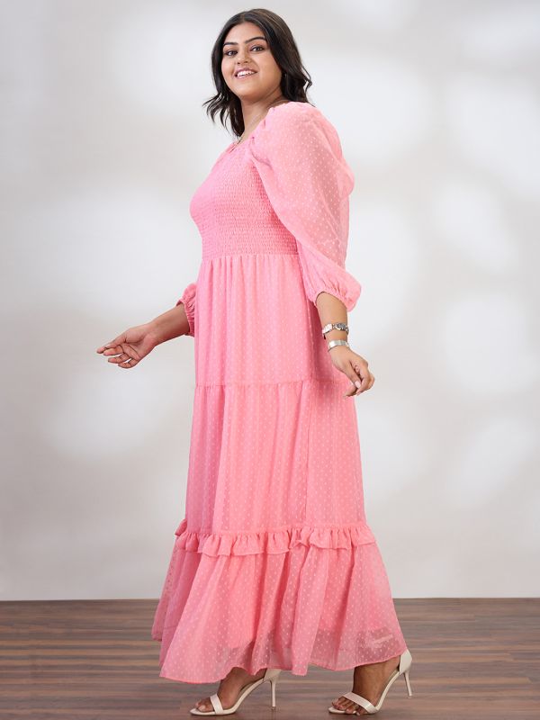 Globus Gloplus Women Pink Square Neck Raglan Sleeves Self Design Smocked Tiered Plus Size Fit & Flare Maxi Dress