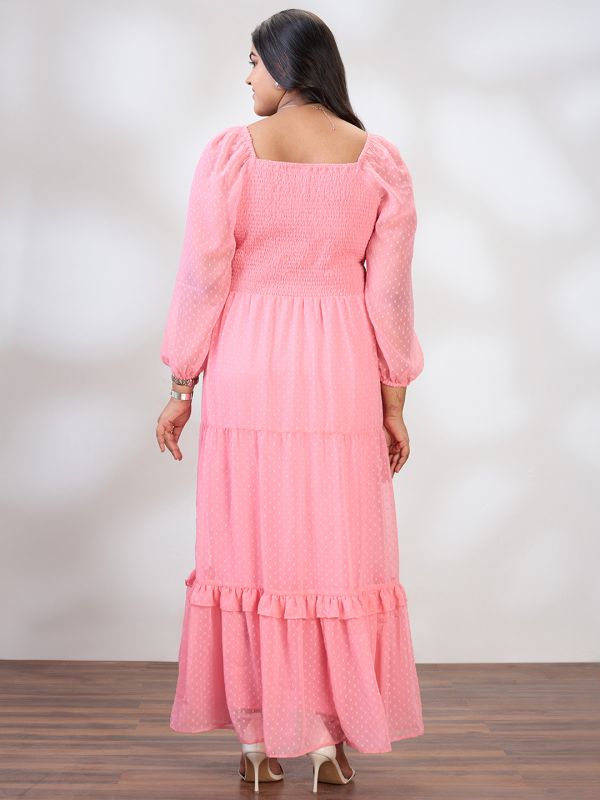 Globus Gloplus Women Pink Square Neck Raglan Sleeves Self Design Smocked Tiered Plus Size Fit & Flare Maxi Dress