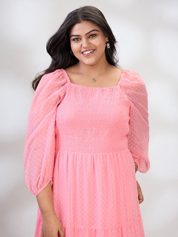 Globus Gloplus Women Pink Square Neck Raglan Sleeves Self Design Smocked Tiered Plus Size Fit & Flare Maxi Dress