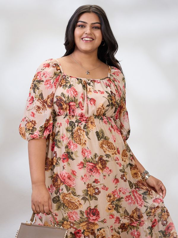 Globus Gloplus Women Beige Square Neck Raglan Sleeves Floral Print Smocked Tiered Plus Size Fit & Flare Midi Dress