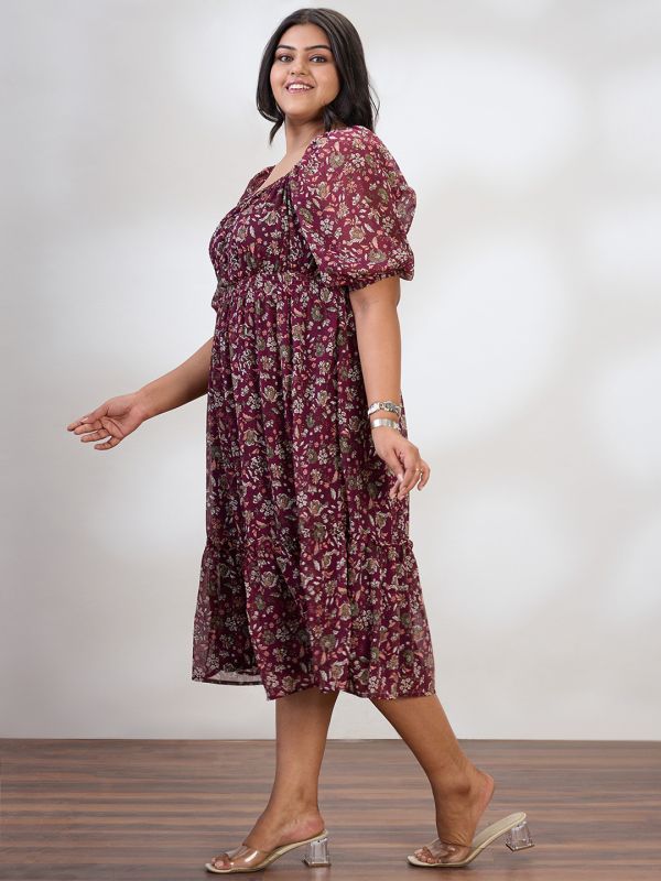 Globus Gloplus Women Maroon Square Neck Raglan Sleeves Floral Print Smocked Tiered Plus Size Fit & Flare Midi Dress