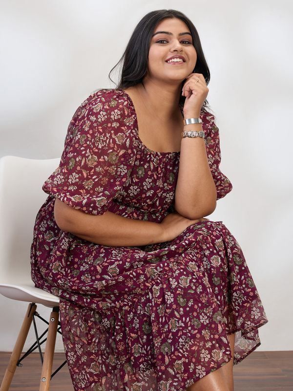 Globus Gloplus Women Maroon Square Neck Raglan Sleeves Floral Print Smocked Tiered Plus Size Fit & Flare Midi Dress