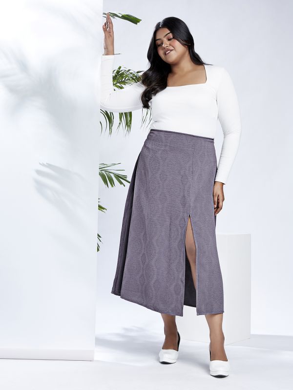 Globus Gloplus Women Grey Mid-Rise Self Design Bohemian Front Slit Plus Size A-Line Midi Skirt
