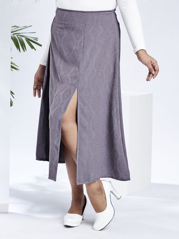 Globus Gloplus Women Grey Mid-Rise Self Design Bohemian Front Slit Plus Size A-Line Midi Skirt