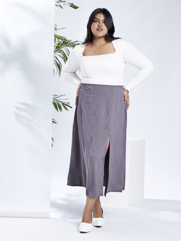 Globus Gloplus Women Grey Mid-Rise Self Design Bohemian Front Slit Plus Size A-Line Midi Skirt