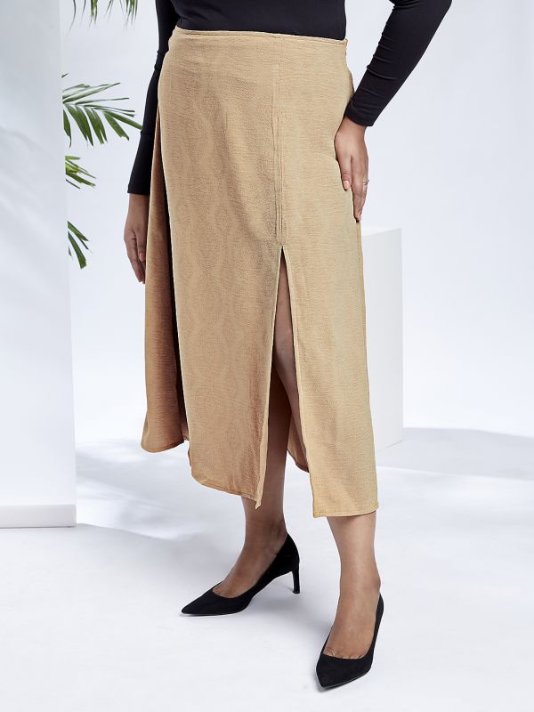 Globus Gloplus Women Beige Mid-Rise Self Design Bohemian Front Slit Plus Size A-Line Midi Skirt