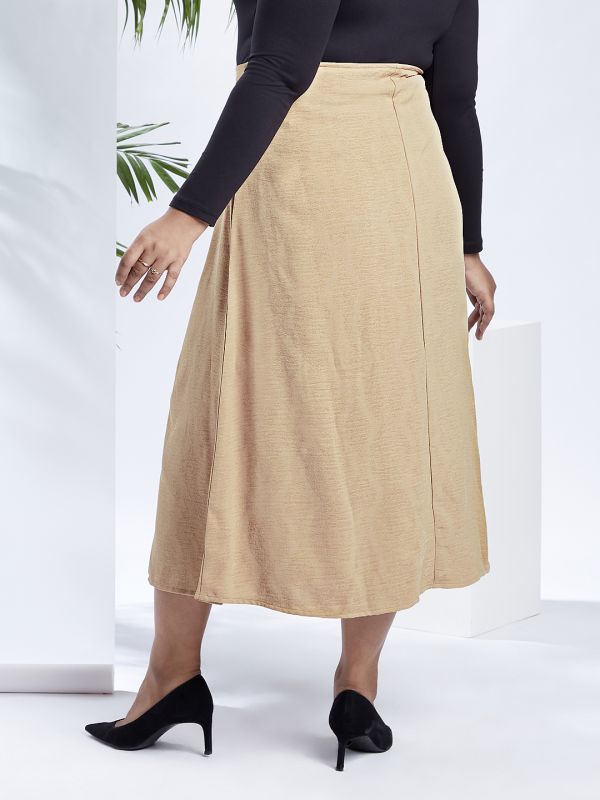 Globus Gloplus Women Beige Mid-Rise Self Design Bohemian Front Slit Plus Size A-Line Midi Skirt