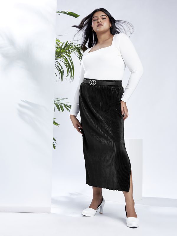 Globus Gloplus Women Black Mid-Rise Accordion Pleats Side Slits Plus Size Straight Maxi Skirt