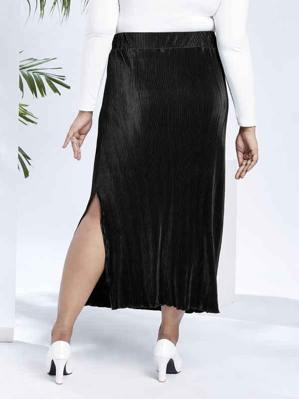 Globus Gloplus Women Black Mid-Rise Accordion Pleats Side Slits Plus Size Straight Maxi Skirt