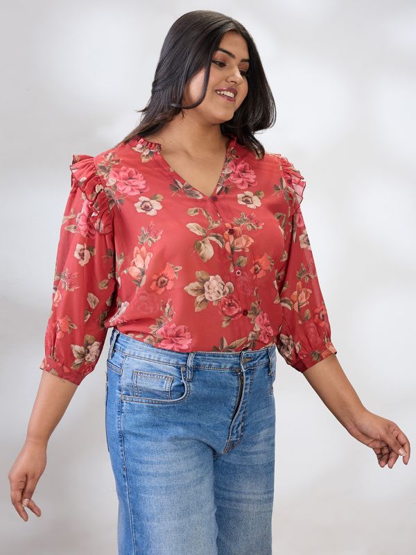 Globus Gloplus Women Red V-Neck Puff Sleeves Floral Print Ruffle Detail Plus Size Shirt