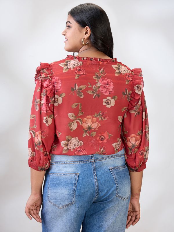 Globus Gloplus Women Red V-Neck Puff Sleeves Floral Print Ruffle Detail Plus Size Shirt
