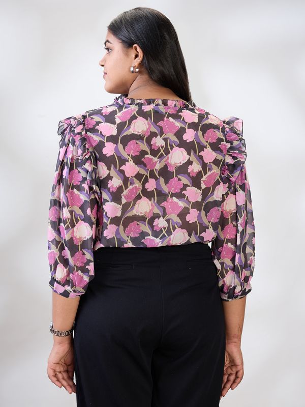 Globus Gloplus Women Black V-Neck Puff Sleeves Floral Print Ruffle Detail Plus Size Shirt