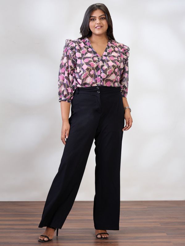 Globus Gloplus Women Black V-Neck Puff Sleeves Floral Print Ruffle Detail Plus Size Shirt