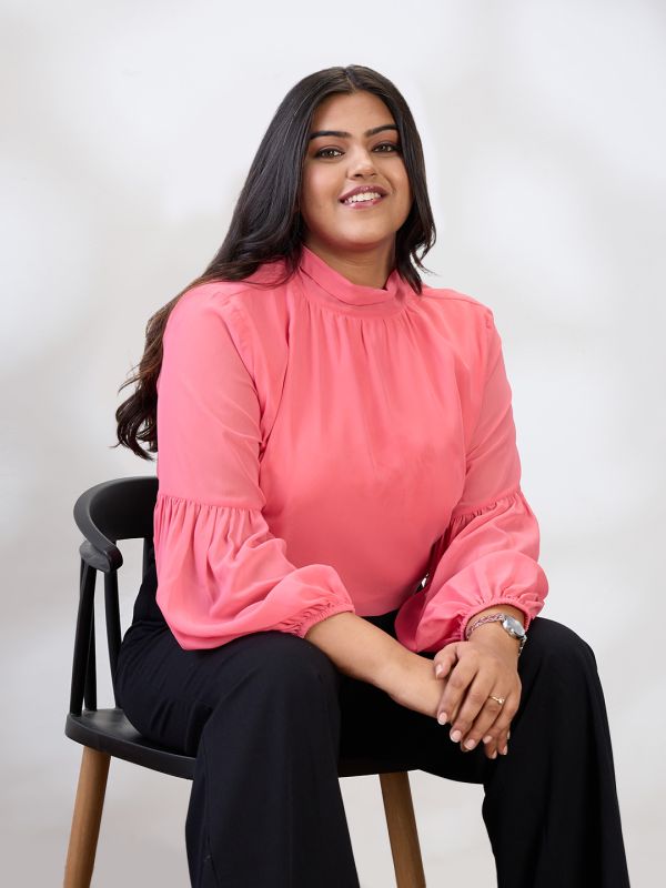 Globus Gloplus Women Pink Tie-up High Neck Bishop Sleeves Georgette Plus Size Workwear Top