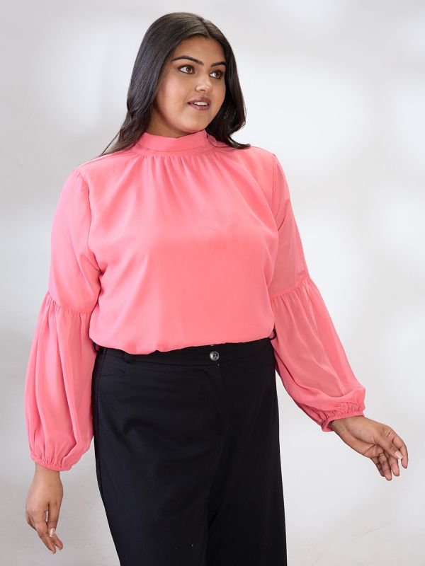 Globus Gloplus Women Pink Tie-up High Neck Bishop Sleeves Georgette Plus Size Workwear Top