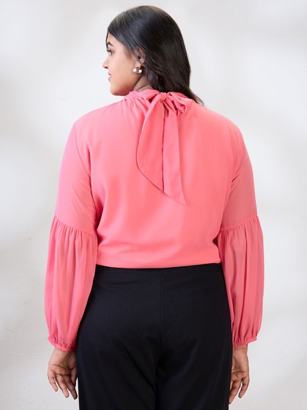 Globus Gloplus Women Pink Tie-up High Neck Bishop Sleeves Georgette Plus Size Workwear Top