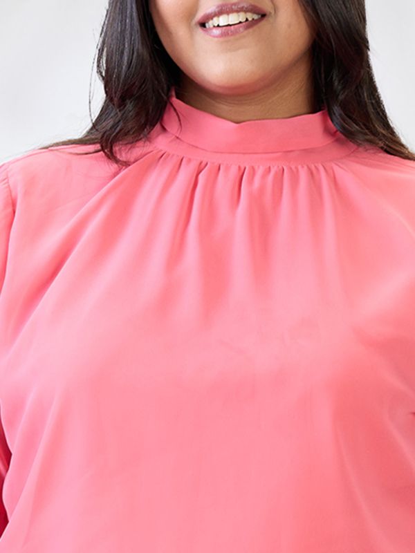 Globus Gloplus Women Pink Tie-up High Neck Bishop Sleeves Georgette Plus Size Workwear Top