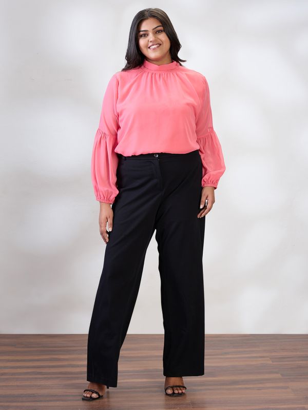 Globus Gloplus Women Pink Tie-up High Neck Bishop Sleeves Georgette Plus Size Workwear Top