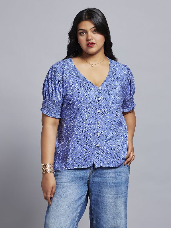 Globus Gloplus Women Blue Abstract Print V-neck Puff Sleeves Plus Size Workwear Top