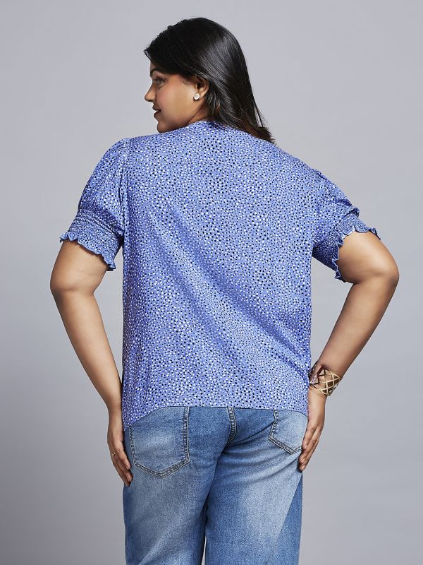 Globus Gloplus Women Blue Abstract Print V-neck Puff Sleeves Plus Size Workwear Top