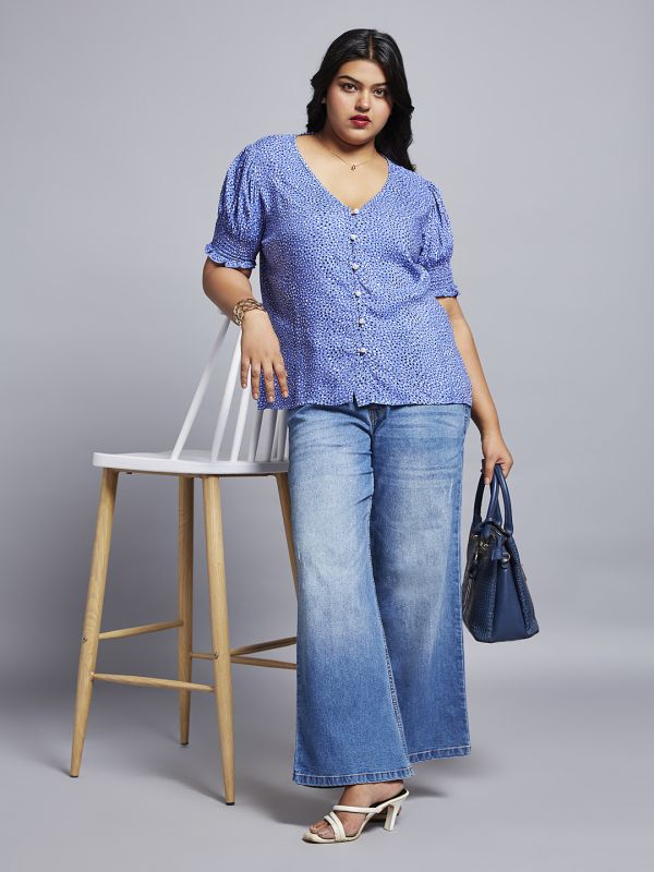 Globus Gloplus Women Blue Abstract Print V-neck Puff Sleeves Plus Size Workwear Top