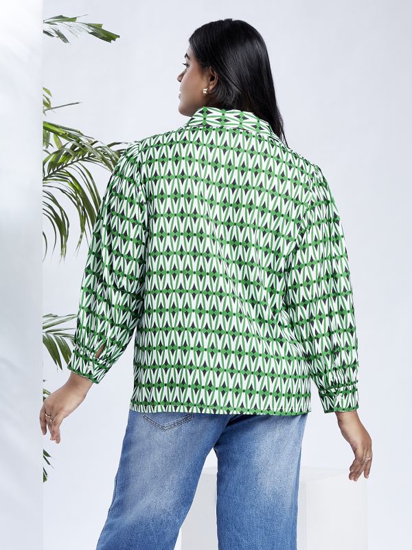 Globus Gloplus Women Green Collared Neck Puffed Cuff Sleeves Abstract Print Plus Size Shirt