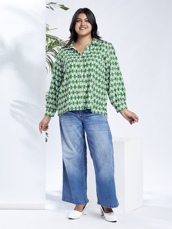 Globus Gloplus Women Green Collared Neck Puffed Cuff Sleeves Abstract Print Plus Size Shirt