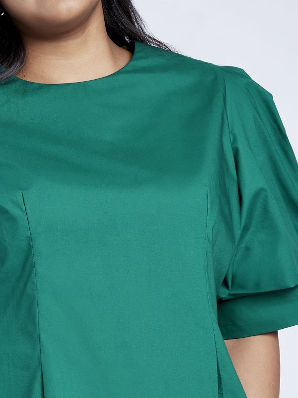 Globus Gloplus Women Green Puff Sleeves Round Neck Back Button Plus Size Shirt Style Workwear Top