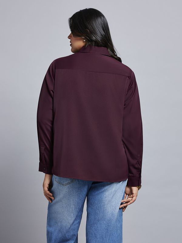 Globus Gloplus Women Wine Collared Neck Cuff Sleeves Shirt Style Plus Size Workwear Top