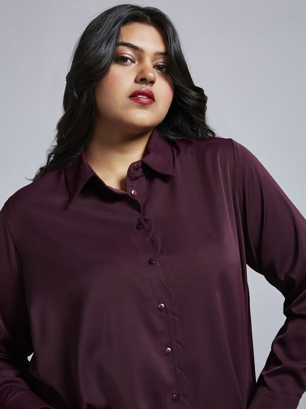 Globus Gloplus Women Wine Collared Neck Cuff Sleeves Shirt Style Plus Size Workwear Top