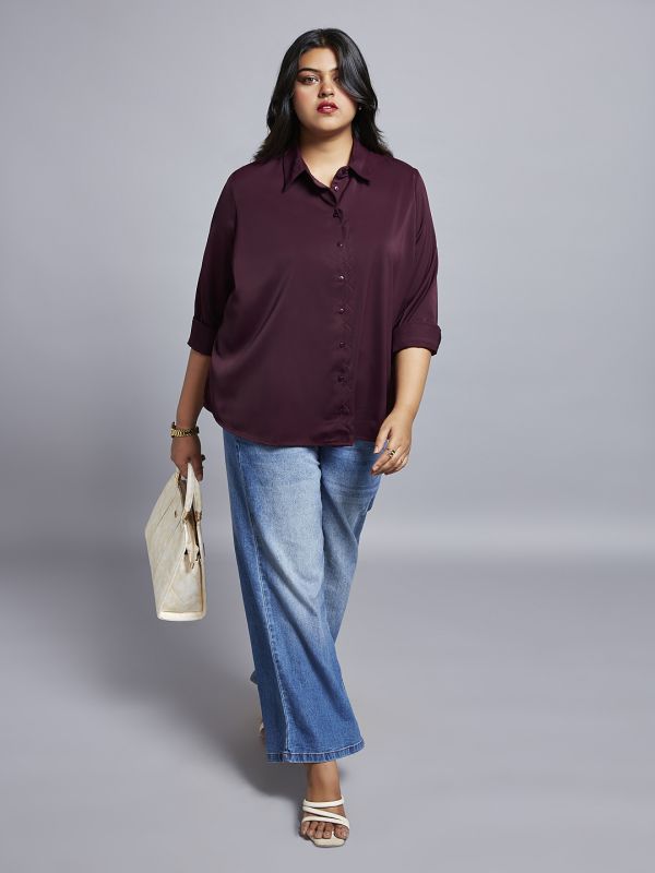 Globus Gloplus Women Wine Collared Neck Cuff Sleeves Shirt Style Plus Size Workwear Top